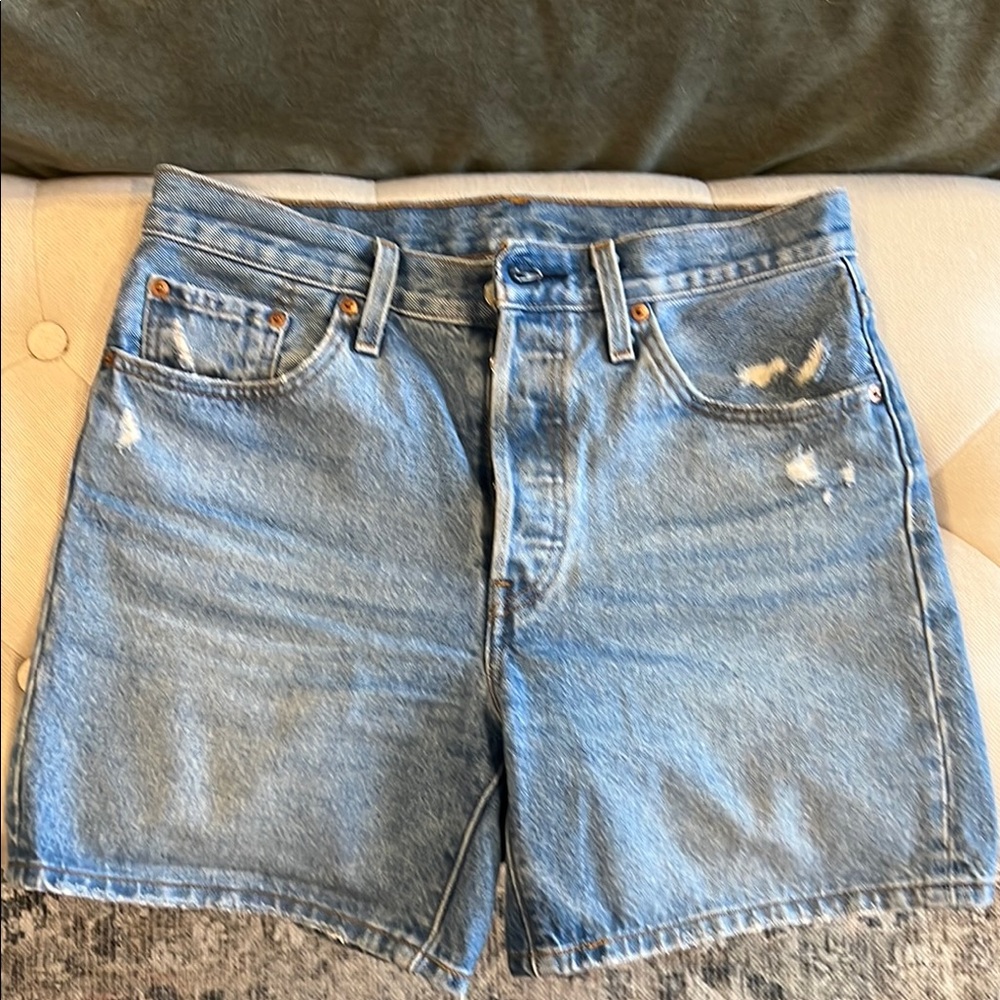Levi’s 501 mid thigh button fly Distressed Shorts